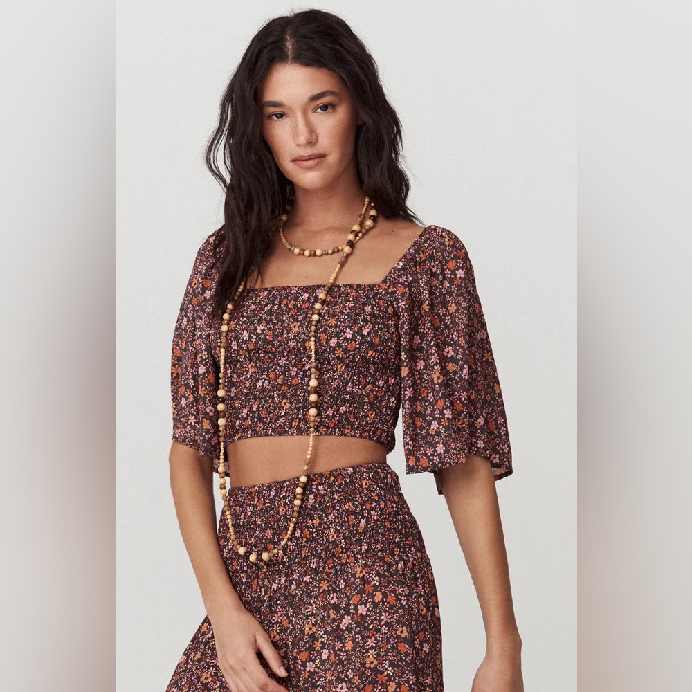Spell Floral Square-Neck Crop Top in Brown & Orange